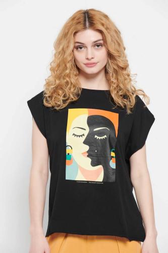 Funky Buddha γυναικείο βαμβακερό T-shirt μονόχρωμο με τύπωμα μπροστά - FBL007-125-04 Μαύρο